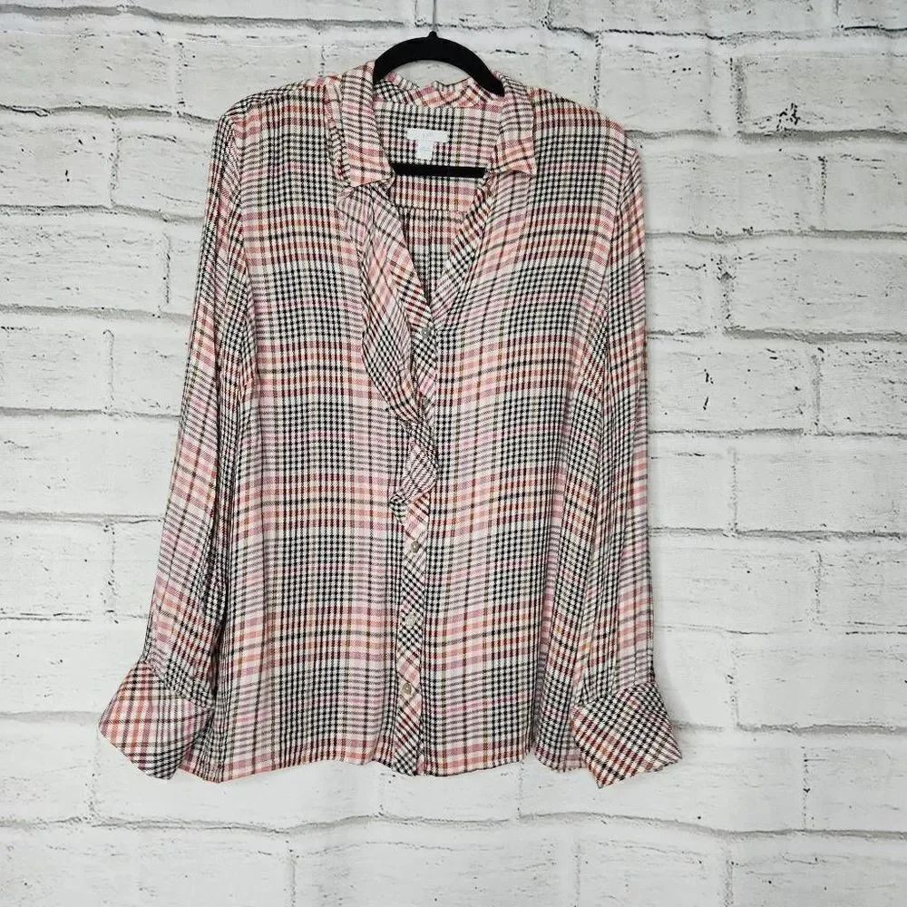 J Jill Button Up Blouse Collared Long Sleeve Multicolor Ruffle Rayon Women Large
